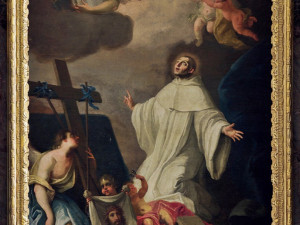 Sv. Bernard z Clairvaux s nástroji Kristova umučení, 1765–1770, Předklášteří u Tišnova, kostel Nanebevzetí Panny Marie, boční oltář sv. Bernarda z Clairvaux