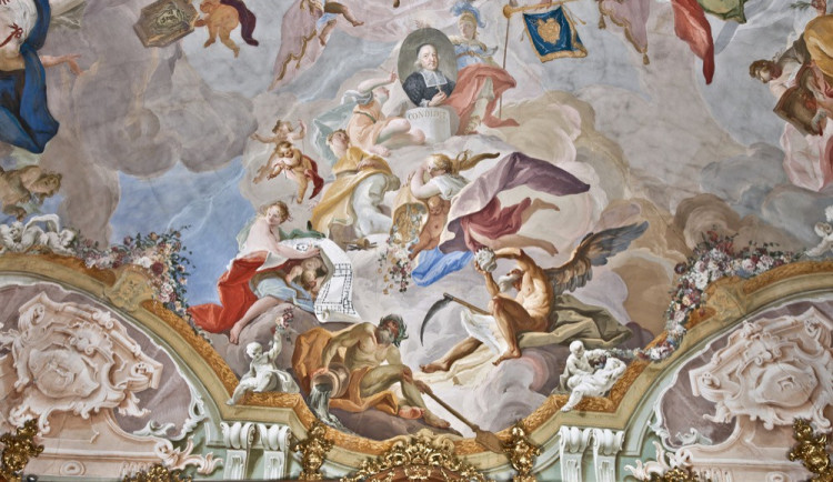 Josef Stern - Apoteóza Karla z Lichtensteinu-Castelcorna, nástěnná malba, 1759, Kroměříž, Arcibiskupský zámek, velký knihovní sál