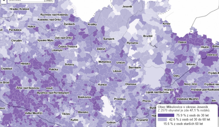 Interaktivní mapa od Českého rozhlasu umožňuje vyhledat procento rodáků ve všech obcích České republiky