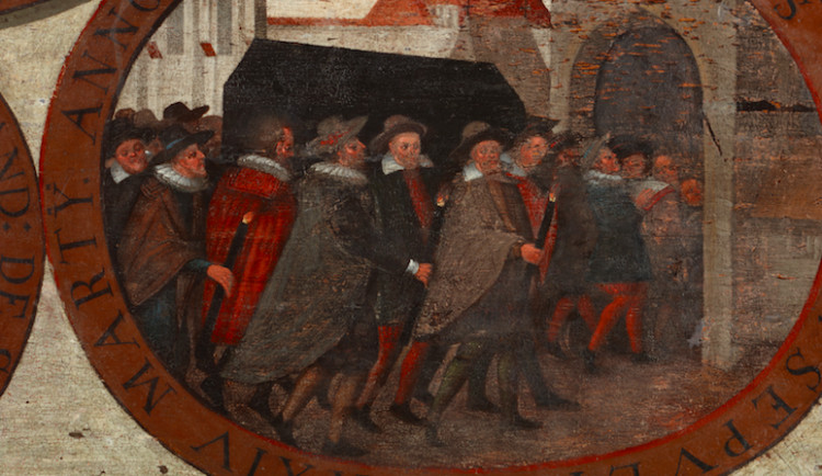 Pohřeb Jana Sarkandera, olej na dřevě, nesignováno, 18. století, výřez z obrazu zachycujícího výjevy ze světcova života. (Foto: Vlastivědné muzeum v Olomouci / Pavel Rozsíval)