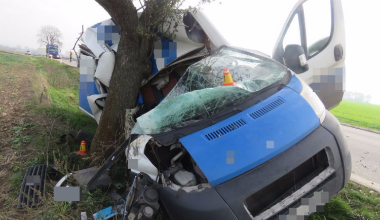 Řidič dodávky nezvládl zatáčku a narazil do stromu