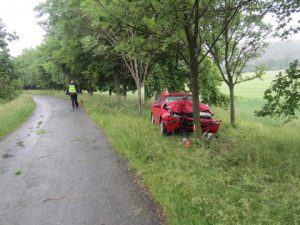 Řidiči do cesty vběhla srna. Na mokré silnici dostal smyk a čelně narazil do stromu