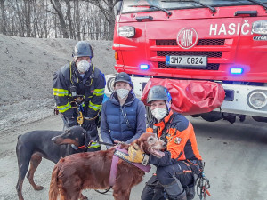 V lomu ve Výklekách hasiči zachraňovali psa, který sklouzl do strže