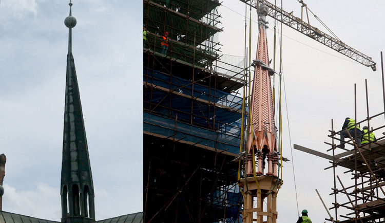 Srovnání sanktusníku Červeného kostela, novou věžičku ozvláštnily ocelové prvky od sochaře Jana Dostála