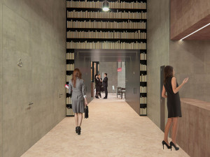 Vizualizace průchodu u šatny v přístavby Vědecké knihovny Olomouc