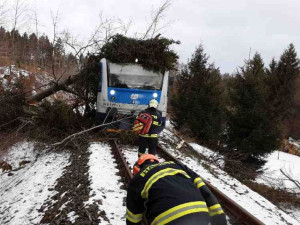 FOTOGALERIE: Vítr shodil stromy na vlak, u Červenky na auto. Tři zranění. Hasiči mají přes dvě stě třicet zásahů