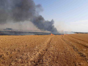Na Prostějovsku shořel kombajn za pět milionů. Plameny vítr rozehnal na sedmnáct hektarů