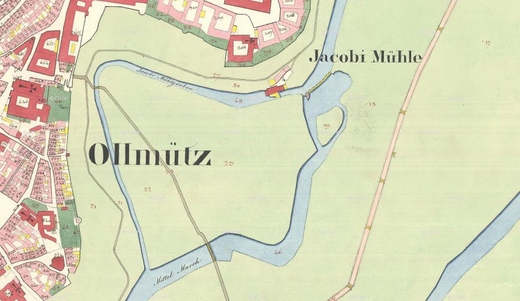 Jakubský mlýn (Jacobimühle) na Císařských povinných otiscích stabilního katastru  z roku 1831