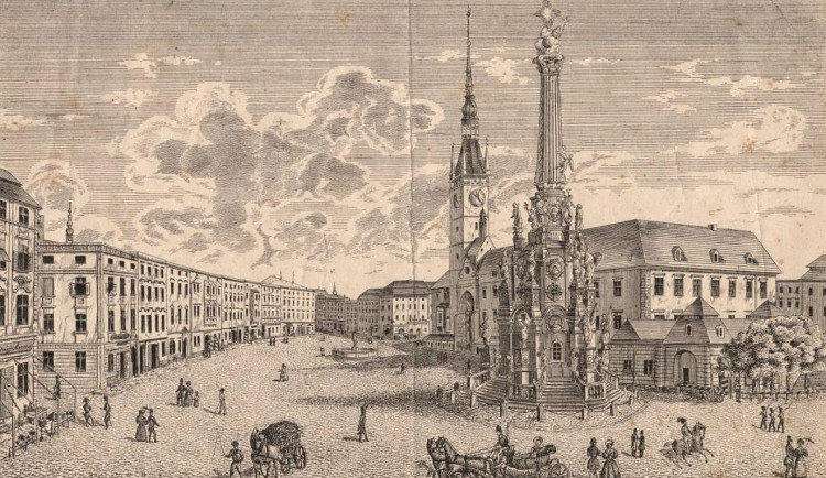 Horní náměstí r. 1801 - A. Feldmann (rytina), Skarnitzl a Domek (litografie)