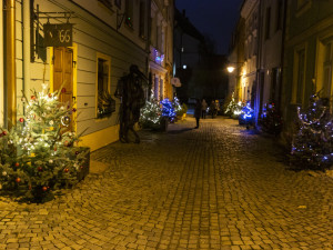 Sváteční ulička v centru Olomouce. Již podruhé ji rozzářily vánoční stromky