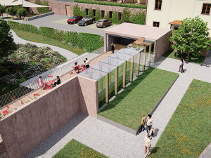 Vizualizace proměny ulice a zahrady hospice na Svatém Kopečku