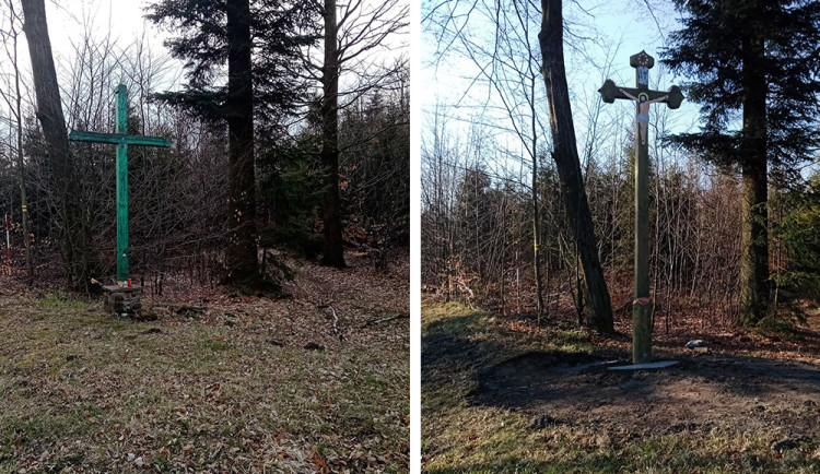 Původní dřevěný kříž (vlevo) nahradil nový symbol vytvořený Jaromírem Machalou