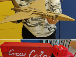 Výrobky zvlášť oceněné firmami Honeywell a Edwards, s.r.o. – Jakub (letadlo) a Šimon (kamion), 6. tř., ZŠ Hněvotín