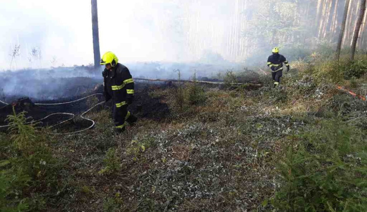 U Mírova hasiči likvidují lesní požár. V akci je i vrtulník s bambivakem