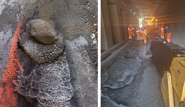 Nebezpečné výtluky a rychlá oprava. Rušný podjezd v Přerově zatěžují náklaďáky s materiálem pro D1