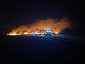 Noční požár pole vzbudil v Olomouci rozruch. Kombajn naboural do sloupu elektrického vedení