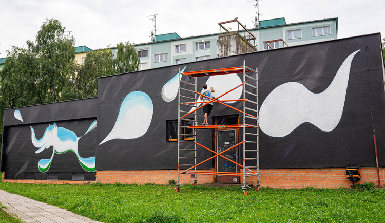 Výtvarník Dian letos proměnil fasádu kotelny v Zelené ulici v Olomouci, další velkoplošné malby se chystají v hlavní části Street Art Festivalu