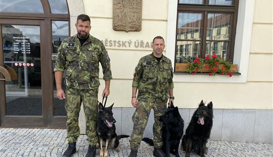 FOTO: Třebíčskou radnici navštívili čtyři psi. Scotty, Dab, Athila a Erro měli za úkol najít skryté výbušniny