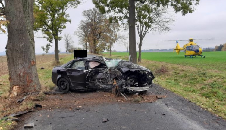 Dvacetiletý řidič dostal smyk a s autem narazil do stromu. Na místo letěl i záchranářský vrtulník