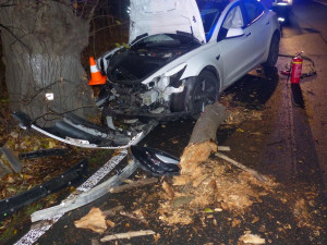 Řidič Tesly se u Žulové lekl protijedoucího vozu a narazil do stromu. Škoda vystřelila na milion