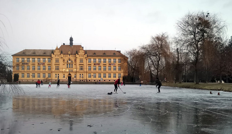 Rybník ometený frézami a nasvícený reflektory. V Litovli se bruslí i večer, zájem je enormní