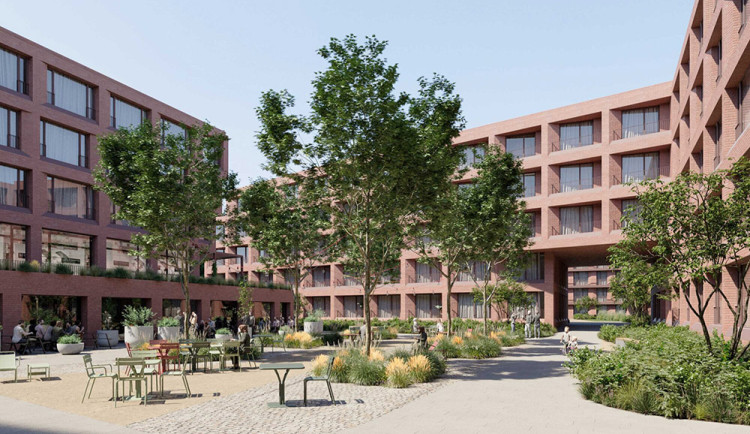 Vizualizace nádvoří plánovaných studentských kolejí v Olomouci