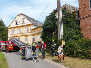 Operace labrador. Z římsy domu v Troubelicích hasiči sundávali psa, který zřejmě pronásledoval kočku