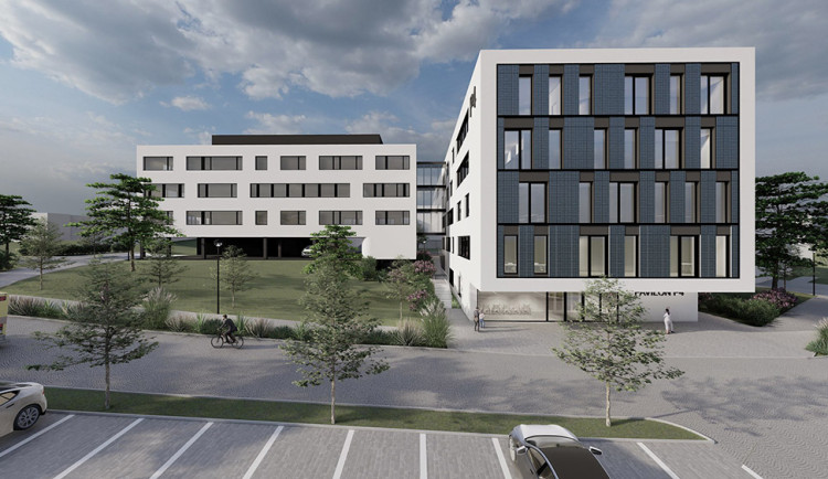 Vizualizace nového pavilonu P4 (napravo), který se spojovacími mosty napojí k budově hemato-onkologie