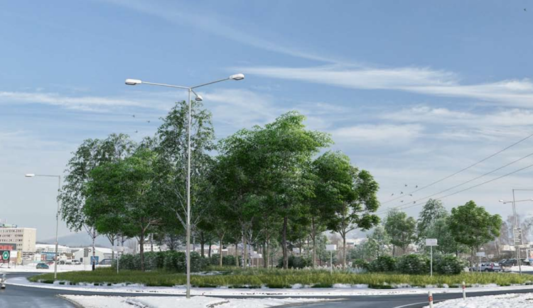 Vizualizace proměny rondelu na příjezdu do Šumperku od Bludova či Olomouce - vítězný návrh ateliéru Landa Ruhmkorf