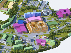 Uprostřed vyznačená budova B ve vizualizaci plánu rozvoje FN Olomouc