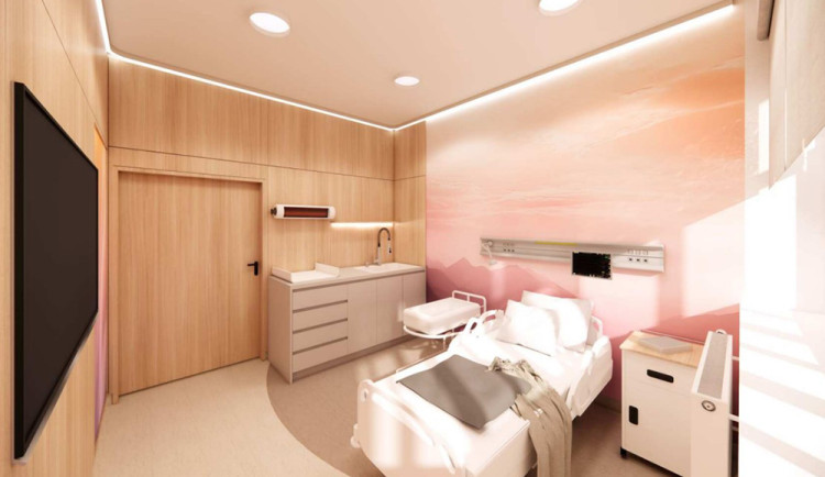 Vizualizace pokoje na oddělení šestinedělí šternberské porodnice po dokončení modernizace