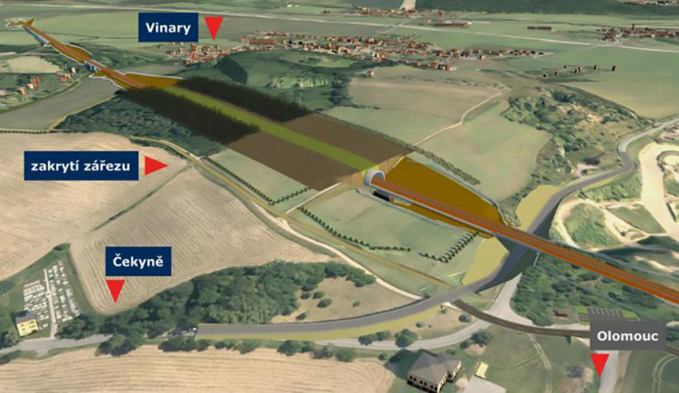 Vizualizace vedení vysokorychlostní trati u Přerova
