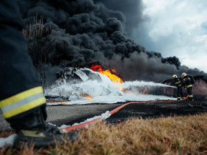 VIDEO: Exploze a rozmetané kusy vagónů. Tak vypadal první pohled hasičů na hořící vlak s benzenem