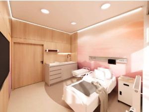 Vizualizace pokoje na oddělení šestinedělí šternberské porodnice po dokončení modernizace