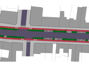 Návrh, jak Plumlovská ulice mohla vypadat s oddělenou infrastrukturou pro jízdu na kole.