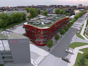 Červené stínění a zelená střecha. V Olomouci míří k dokončení moderní stavba pro budoucí zdravotníky
