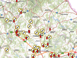 Zaznačená místa zásahů hasičů v Olomouckém kraji