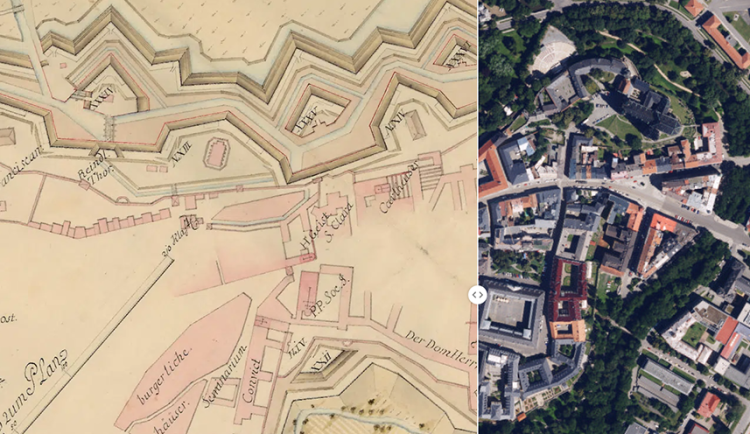 Raportní plán olomoucké pevnosti z roku 1769 a ortofoto mapa z roku 2024
