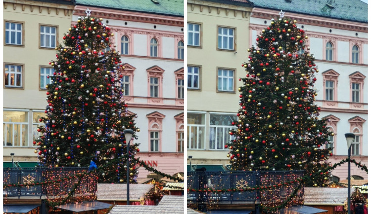 Vánoční strom v Olomouci má částečně novou podobu