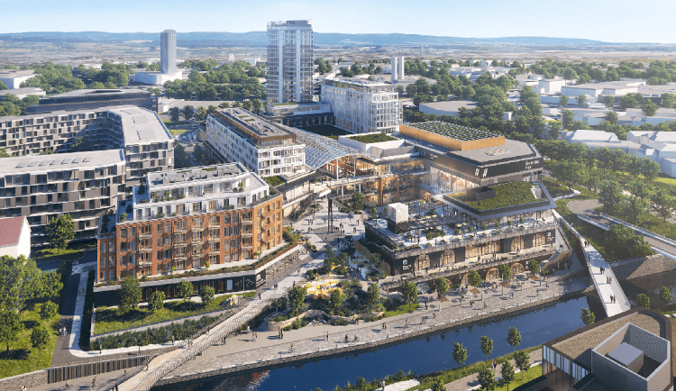 Vizualizace projektu Šantovka District v Olomouci, vepředu nalevo bíle zaznačený dům na adrese Šantova 10