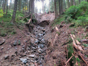 Střední část sesuvu pod Milionovou cestou. Pod stojící postavou je hloubka prahu asi 11 metrů.