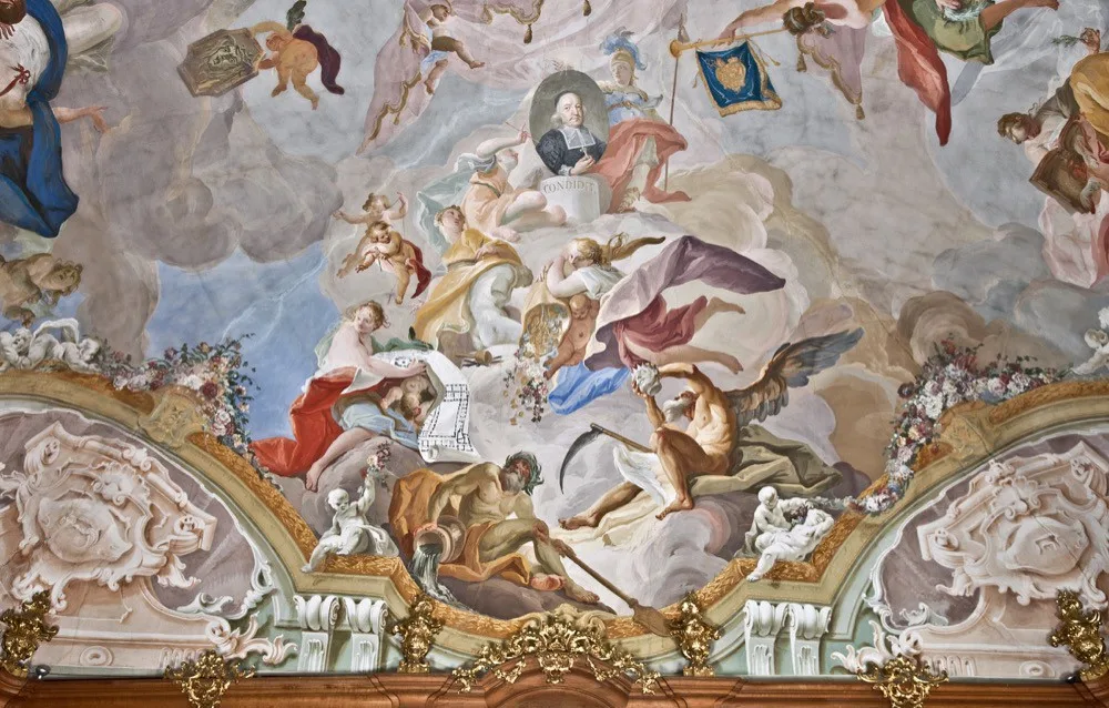 Josef Stern - Apoteóza Karla z Lichtensteinu-Castelcorna, nástěnná malba, 1759, Kroměříž, Arcibiskupský zámek, velký knihovní sál