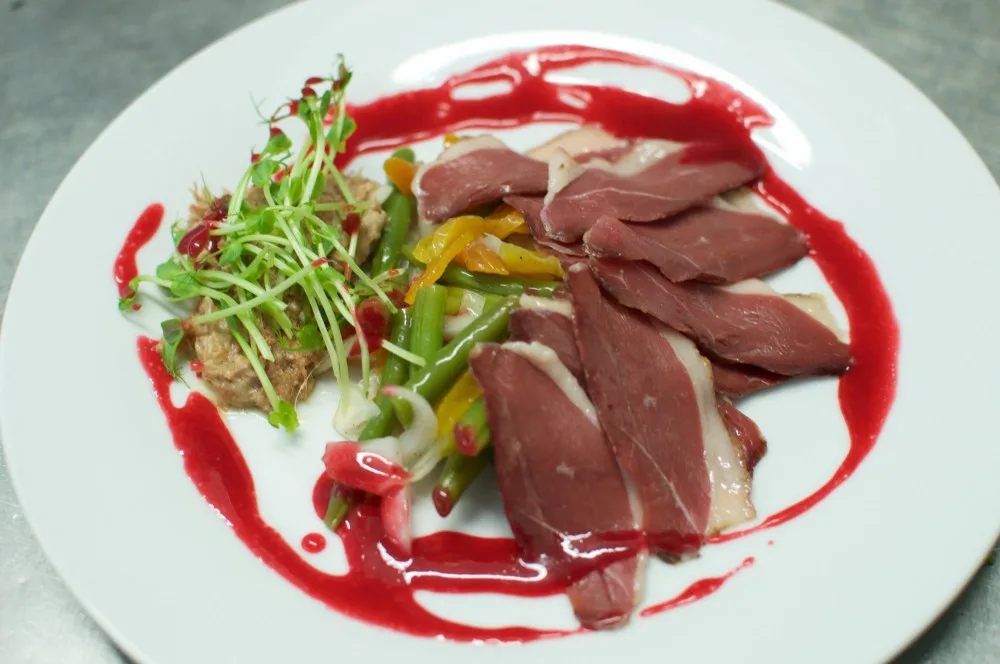 Kachní variace - uzená kachní prsa, kachní játra foiegras, salát ze zelených fazolí, bílé cibule a sušených meruněk a malinový vineigrette