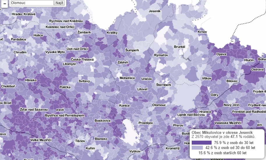 Interaktivní mapa od Českého rozhlasu umožňuje vyhledat procento rodáků ve všech obcích České republiky