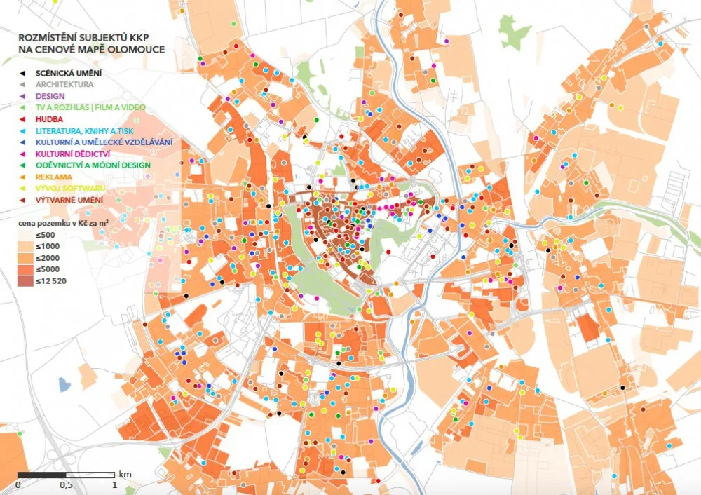 Rozmístění subjektů na cenové mapě Olomouce