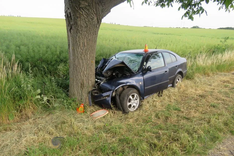 Řidič dostal u Hněvotína se svým autem smyk a čelně narazil do stromu
