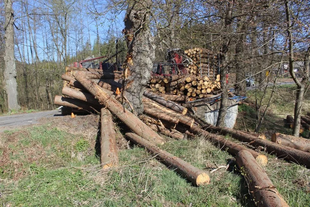 Řidič při projíždění zatáčkou převrátil přívěs s dřevěnými kládami