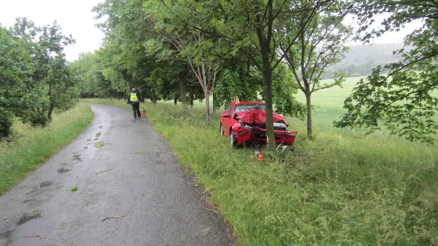 Řidiči do cesty vběhla srna. Na mokré silnici dostal smyk a čelně narazil do stromu