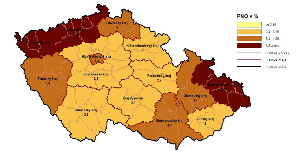 Mapa zobrazující podíl nezaměstnaných osob v krajích na počet obyvatel.
