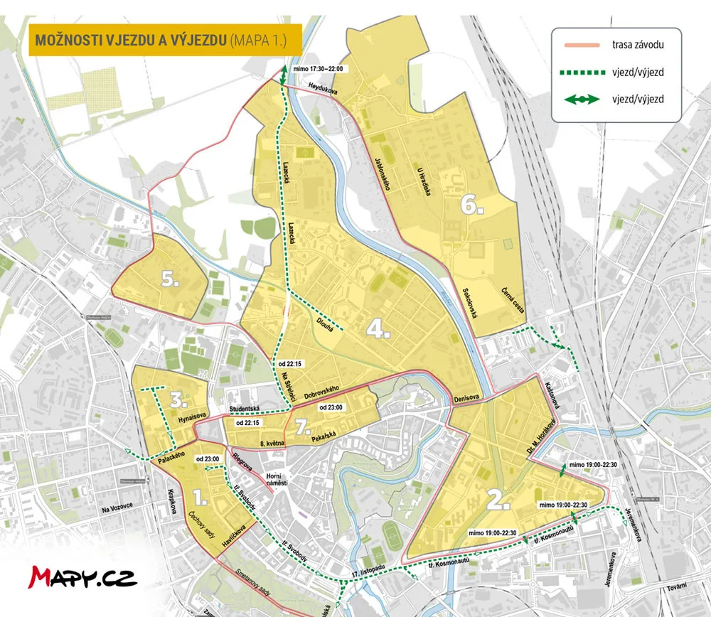 Mapa s dopravními omezeními a možnostmi vjezdu a výjezdu do oblastí, kterými povede trasa závodu